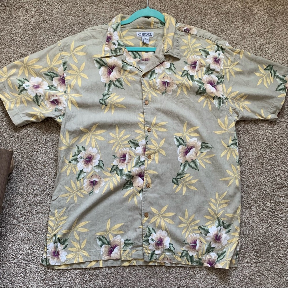 Cherokee Shirt Mens XL Tan Hawaiian Tropical Hibiscus Althea Floral Palm Aloha